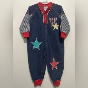 1990s Vintage Children’s Denim Romper Primary Colors L/S Stars Size 24 Mths